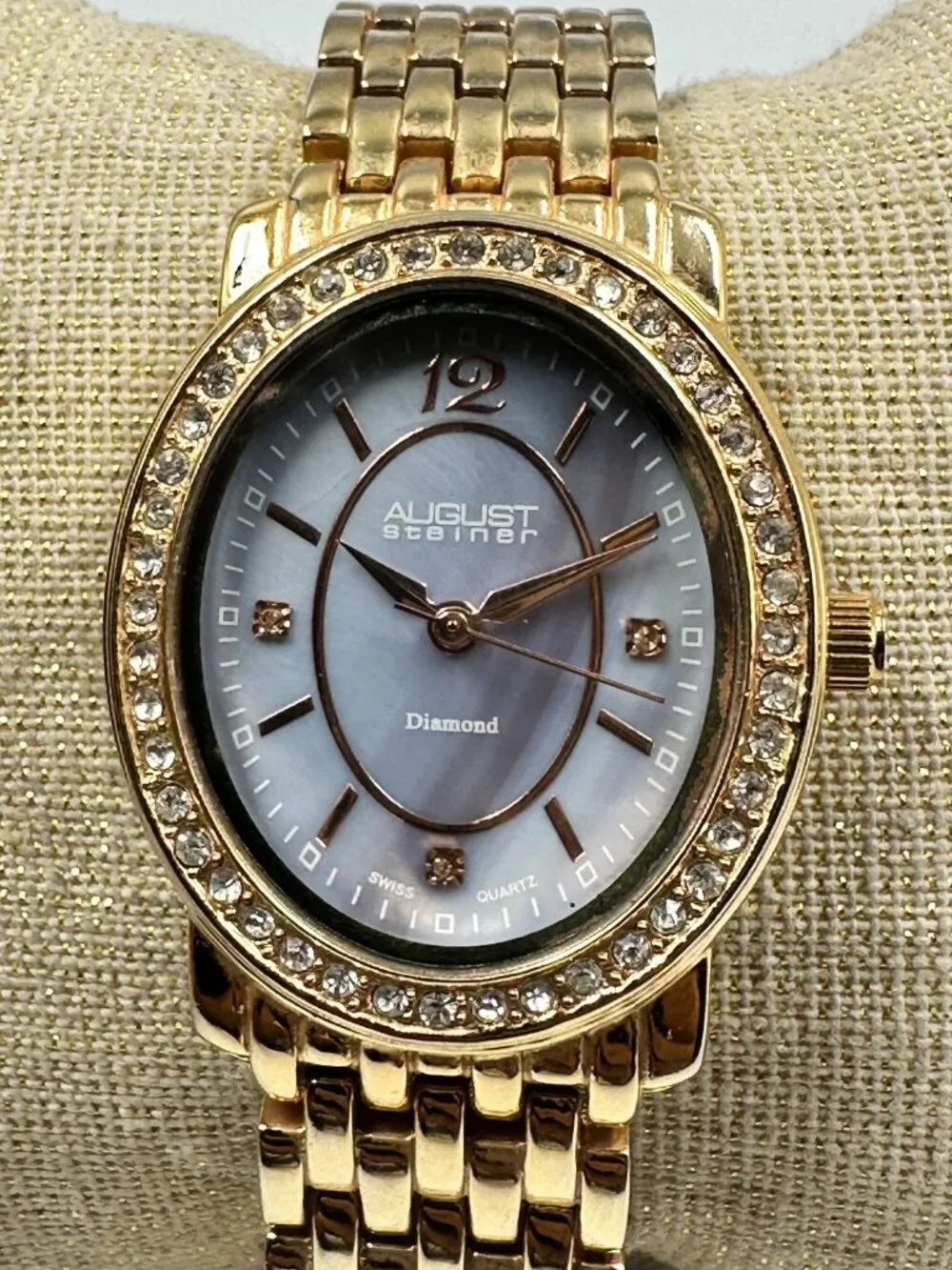 August Steiner Watch Women Gold Tone Blue Mother of Pearl Dial New Battery